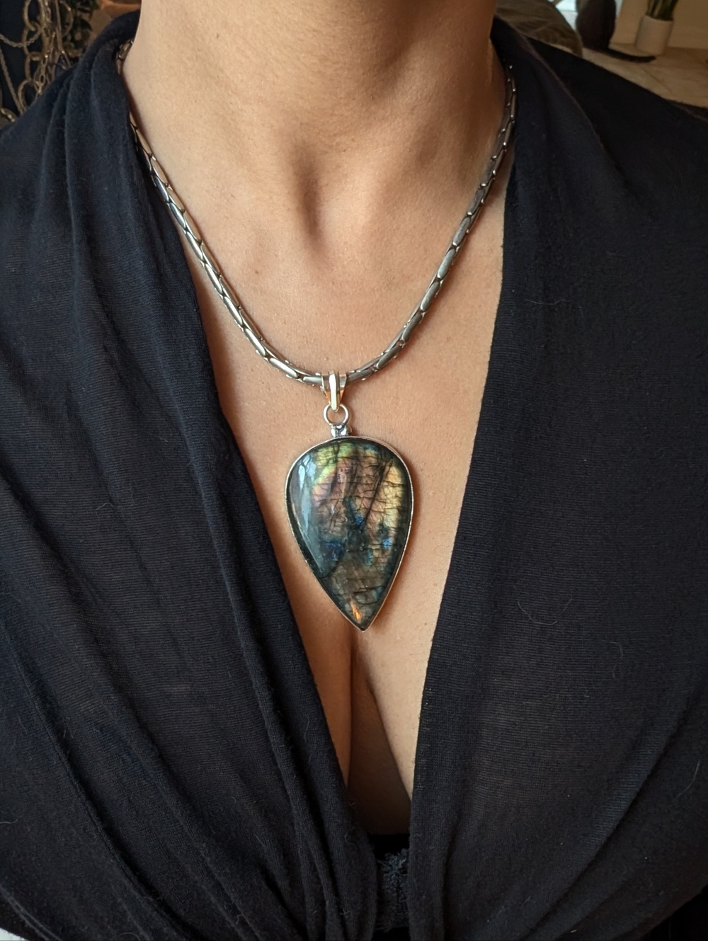 Sterling Silver Iridescent Labradorite Teardrop Pendant Necklace